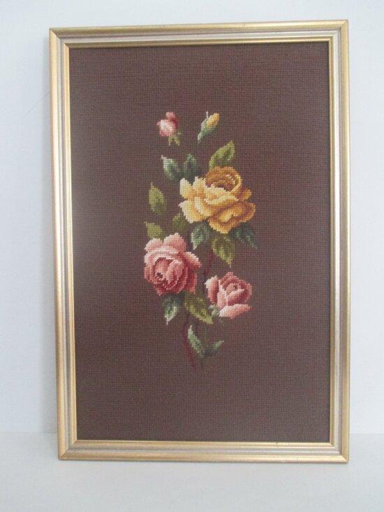 Vintage Handmade Other - Vintage Framed Needlepoint 3 Roses 16 x 23.5